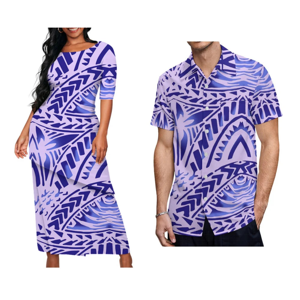 Couple Matching Suit women Long Dress and Men's Hawaiian Shirt