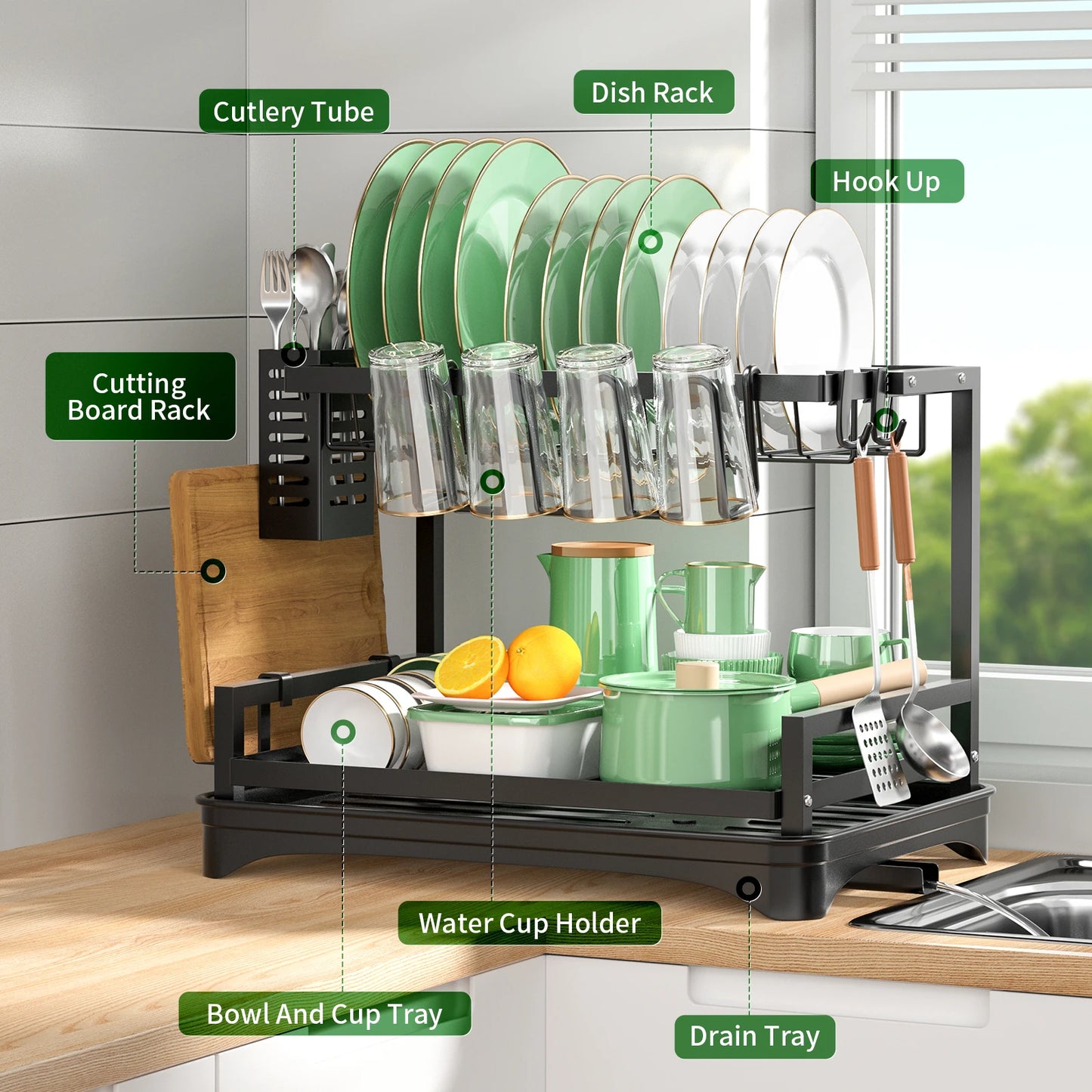 1pc,2 Tier, Dish Rack, Cutlery With Drain Tray And Drip Line, Countertop Storage Rack, Kitchen Accessories