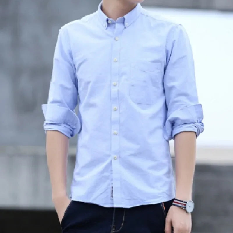 Men's solid color long-sleeve plain shirt single pocket top soft slim fit formal clothes
