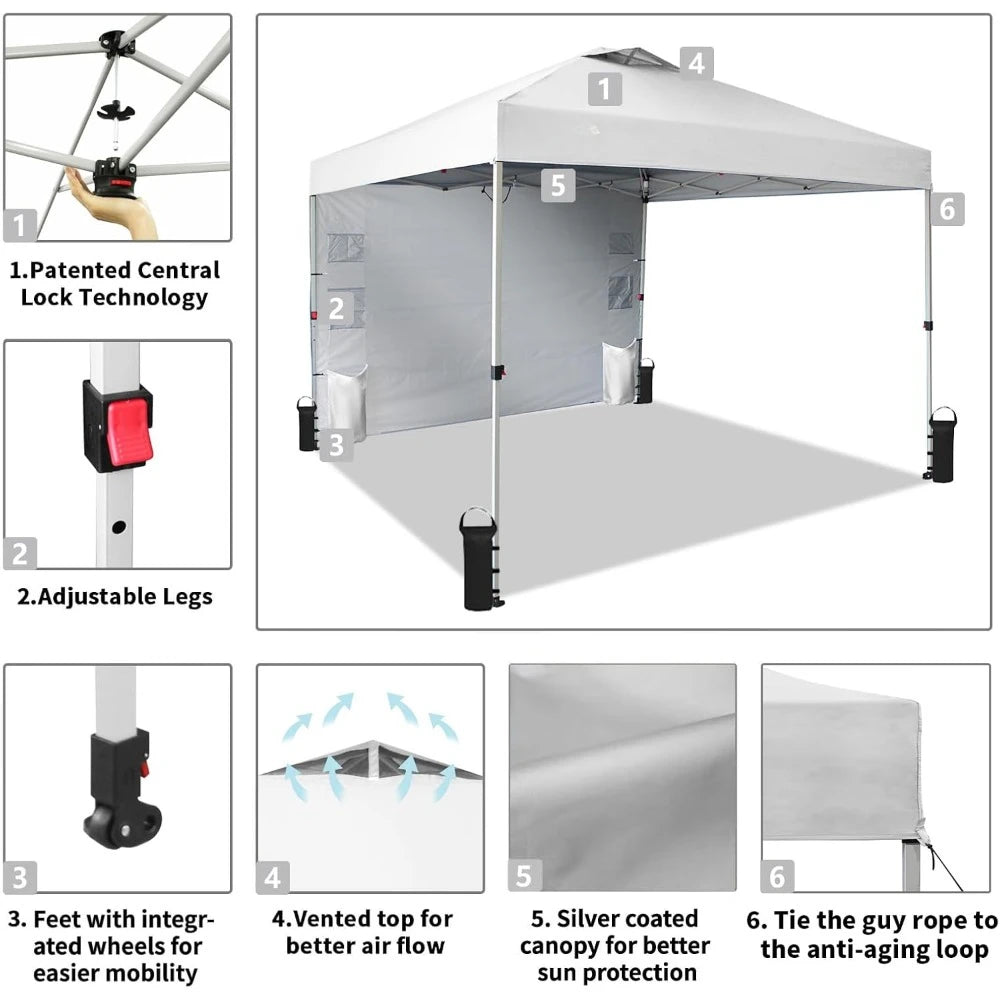 10x10 Pop Up Canopy  with Pockets Sidewall, Easy Up Sun Shelter with One Person Set Up Center Lock