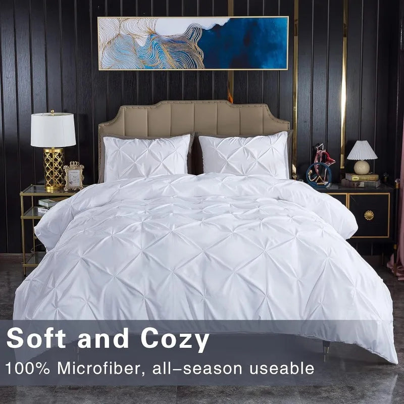 White King Pinch Pleat Cover, 3 Pieces Soft Cover Bedding Set with Zipper Closure & Corner Ties