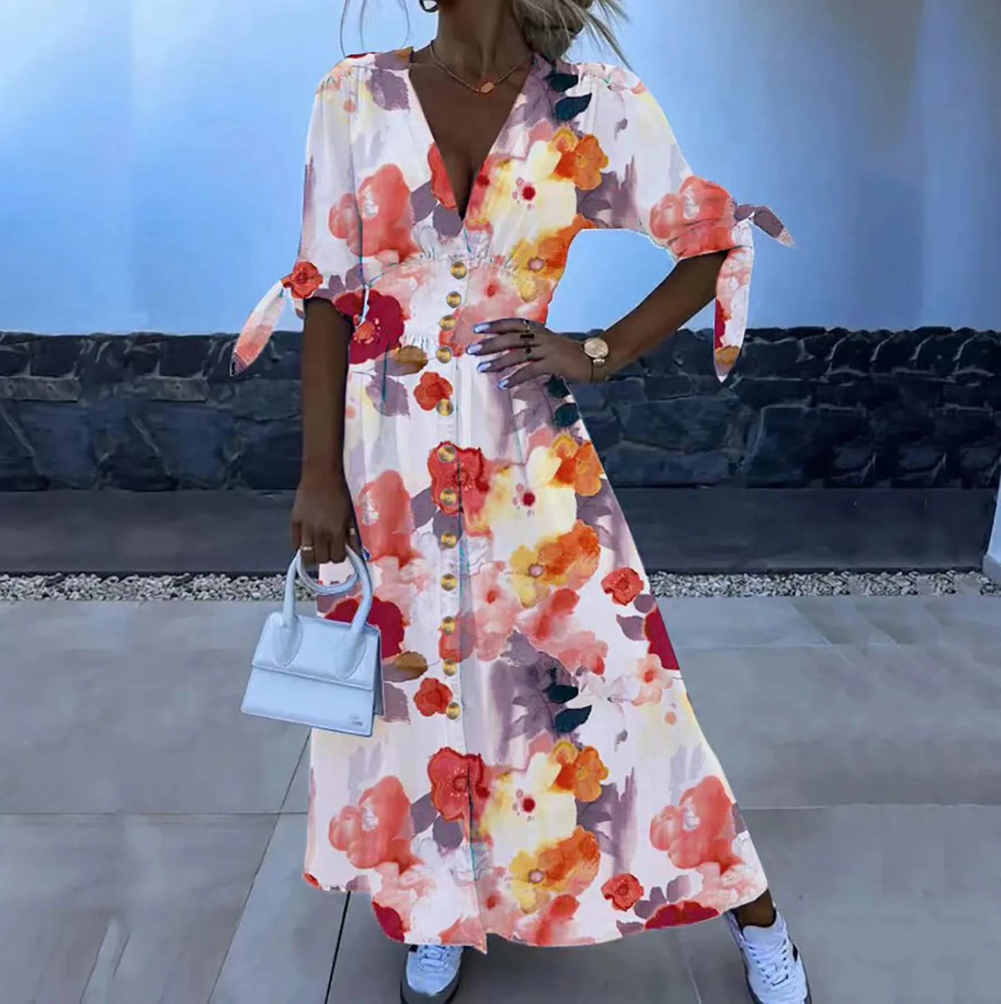 Women's Yellow V-neck Short sleeve Casual Dresses