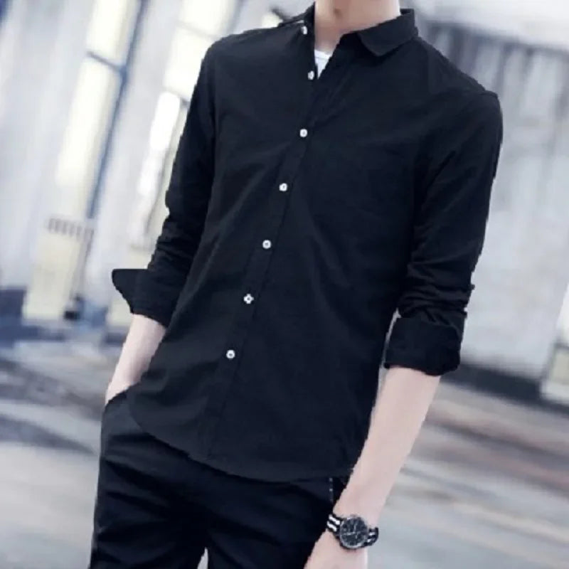 Men's solid color long-sleeve plain shirt single pocket top soft slim fit formal clothes