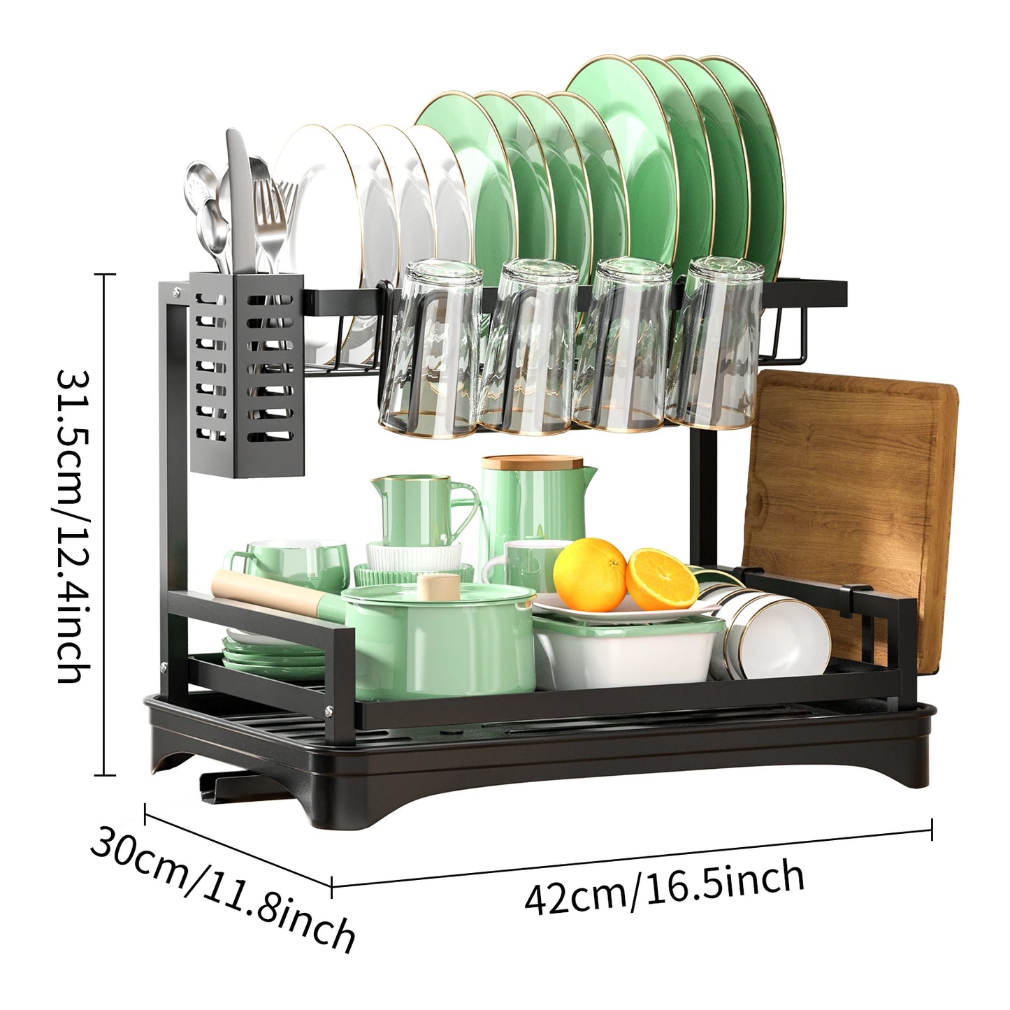 1pc,2 Tier, Dish Rack, Cutlery With Drain Tray And Drip Line, Countertop Storage Rack, Kitchen Accessories