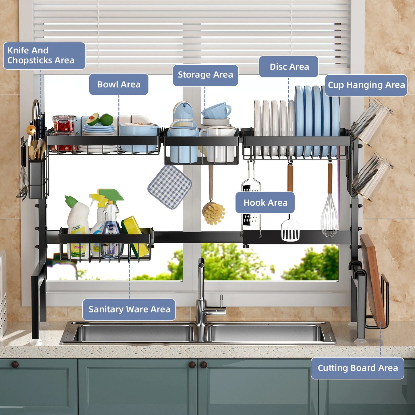 2 Tier Adjustable Over The sink Metal Steel Dish Drying Racks
