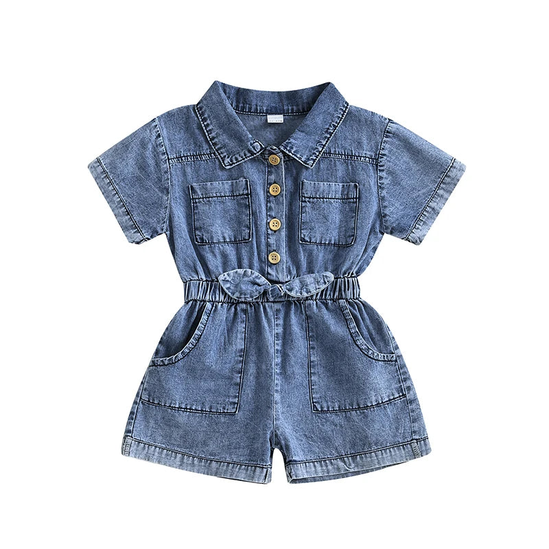 Girls Denim Overall with   Adjustable Straps A-Line Button Front Closure Elastic Waistband