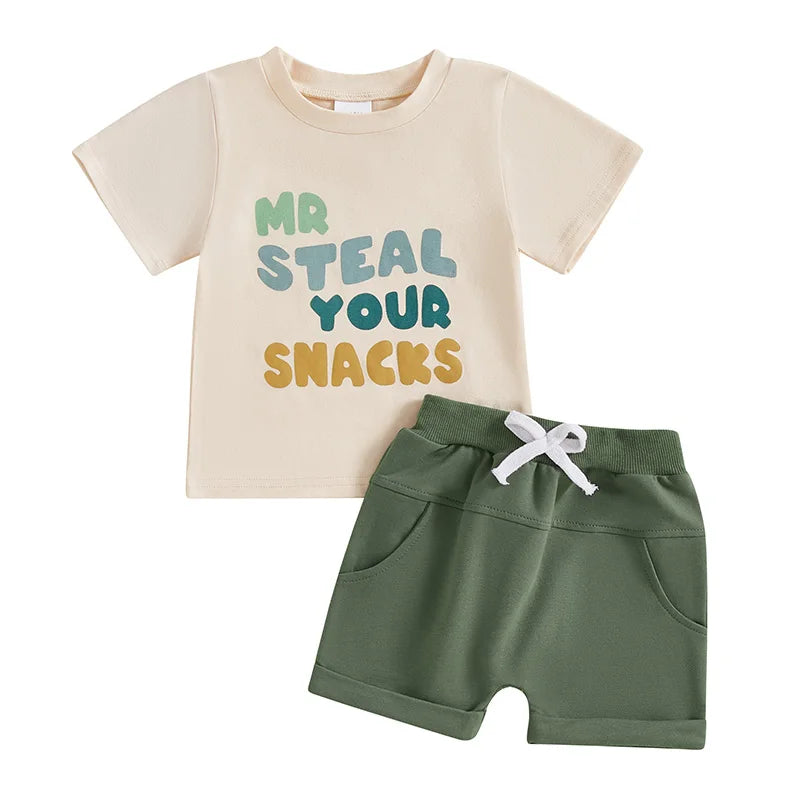 Boy Summer Outfit Set with T-shirt and Elastic Waist Shorts Set