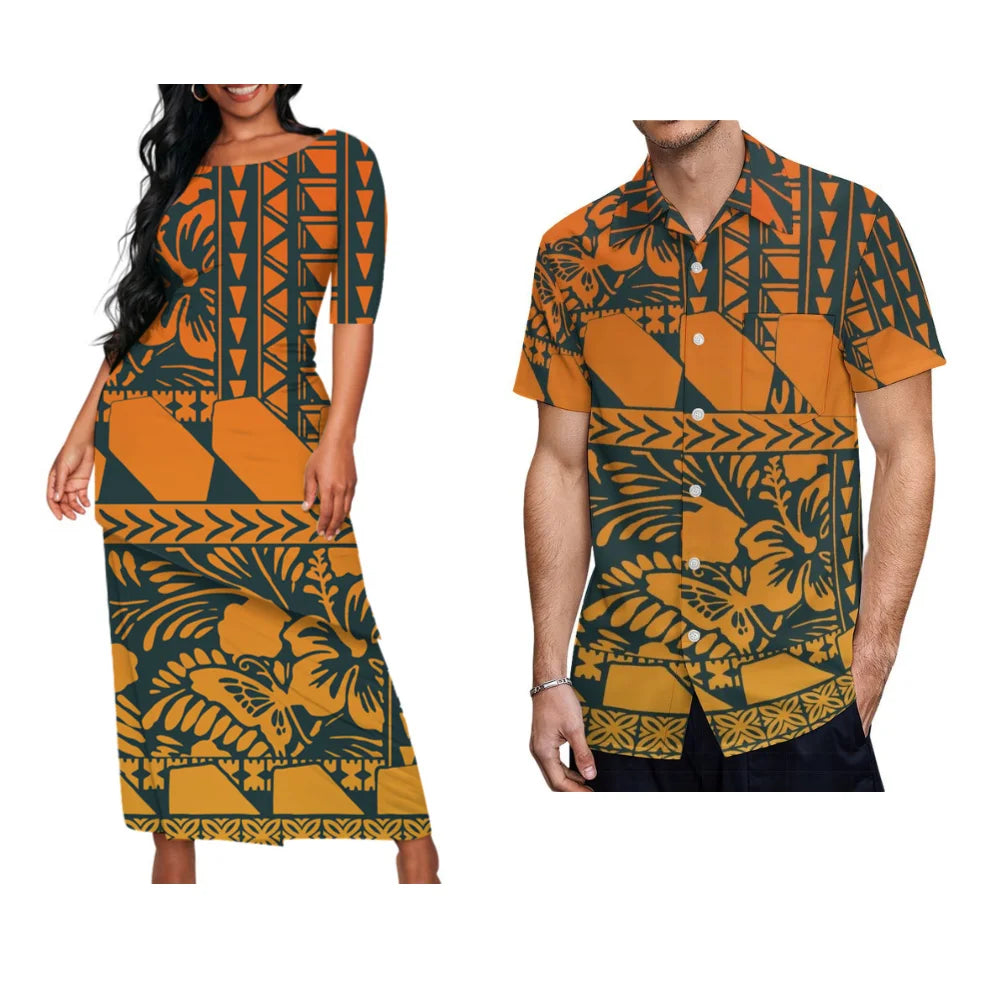 Ladies Puletasi Custom Matching Men's Shirt Samoa Vintage Maxi Dress Set
