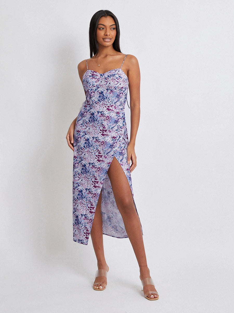 Women Floral Spaghetti Strap Summer Dress, Long Split Dress for Beach Or Streetwear