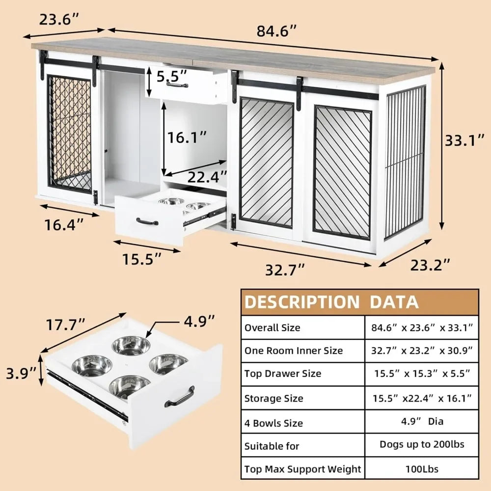 Extra Large Dog Crate Furniture, 85" Sliding Door Double Kennel for 2 Large Dogs Divided