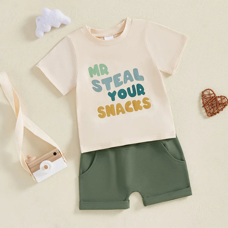 Boy Summer Outfit Set with T-shirt and Elastic Waist Shorts Set