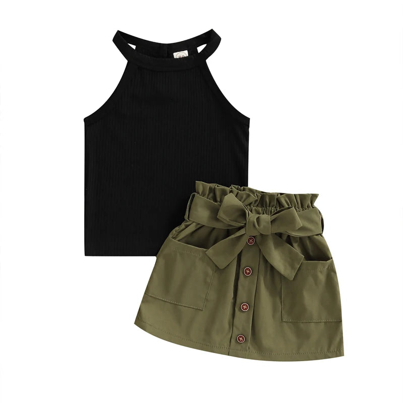 Girls 2-Piece Summer Set Striped Crop Top Denim Shorts with Bow Detail
