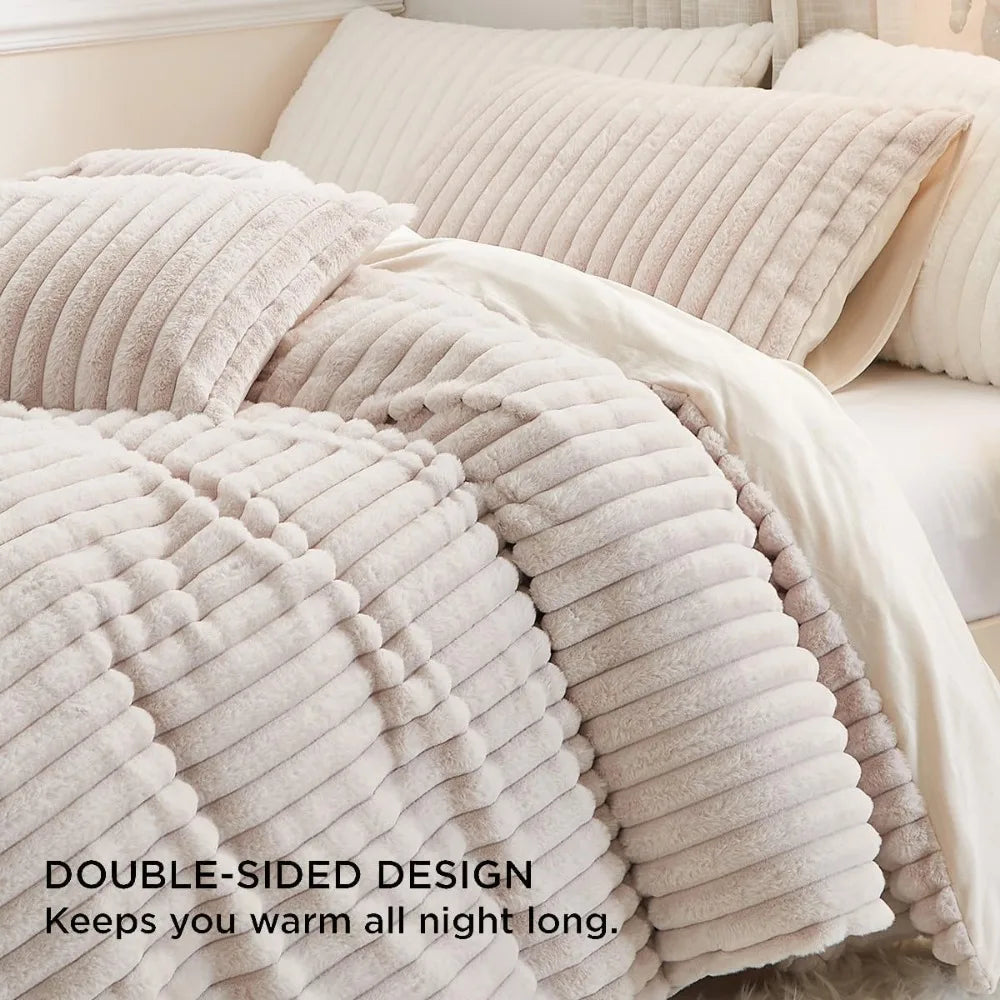 3PCS Queen Size Velvet Flannel Beige Striped Reversible Comforter Set