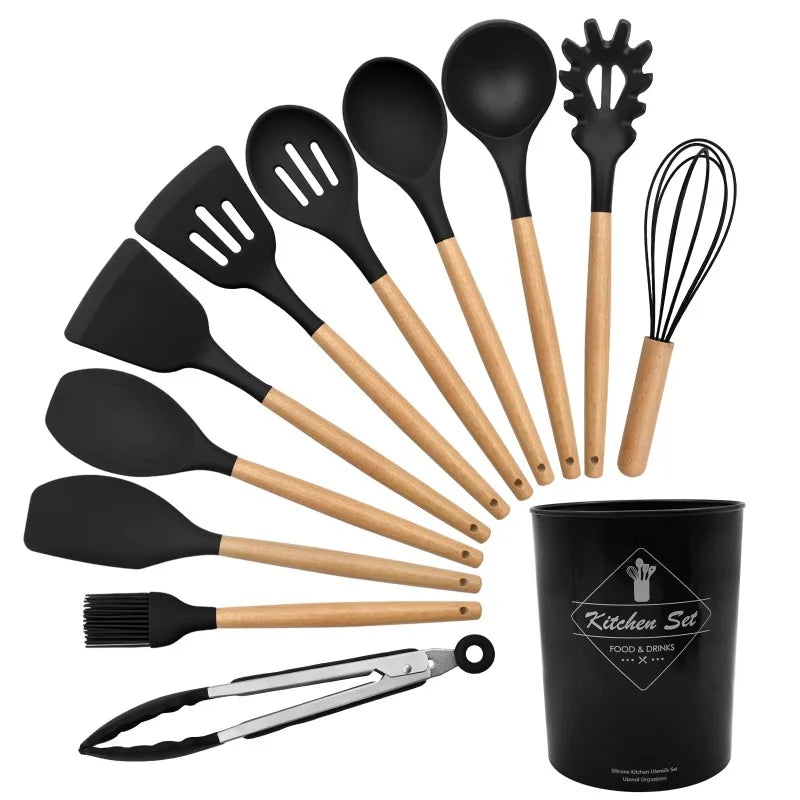 12 Silicone Kitchen Utensils With Solid Wood Handles and a Holder Bucket