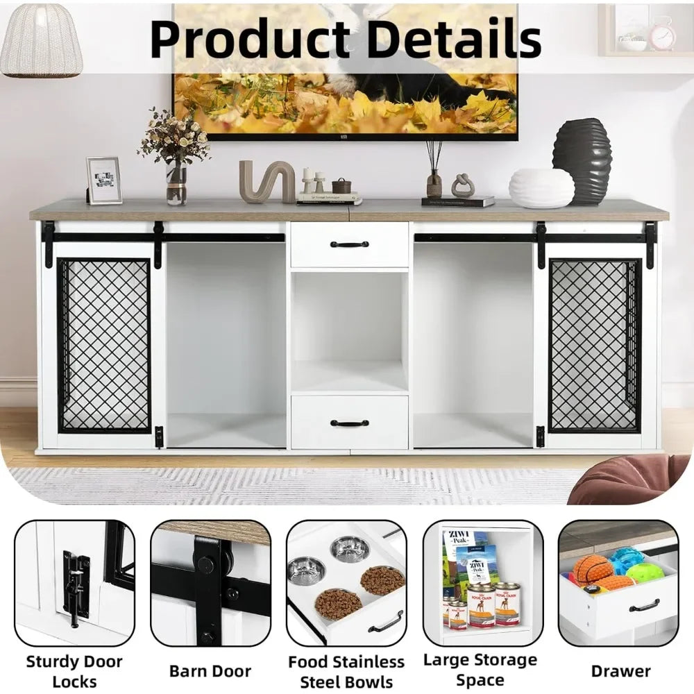 Extra Large Dog Crate Furniture, 85" Sliding Door Double Kennel for 2 Large Dogs Divided