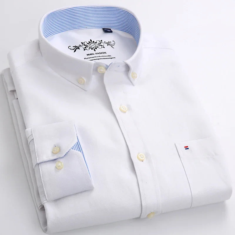 Men's solid color long-sleeve plain shirt single pocket top soft slim fit formal clothes