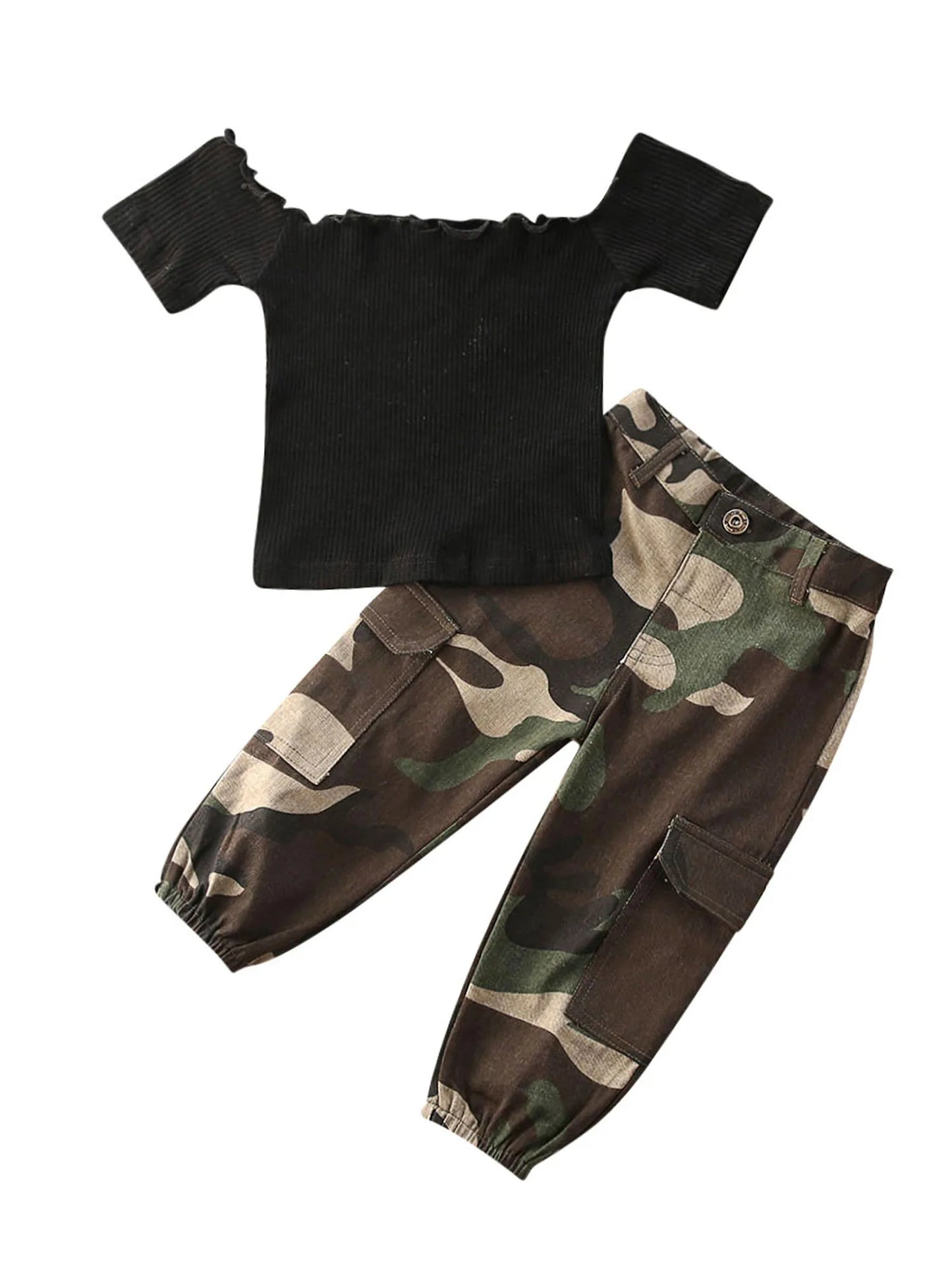 2Pcs Girl Outfit Set Boat-Neck Crop Top with Short Sleeves and Camouflage Pants for Summer Wear