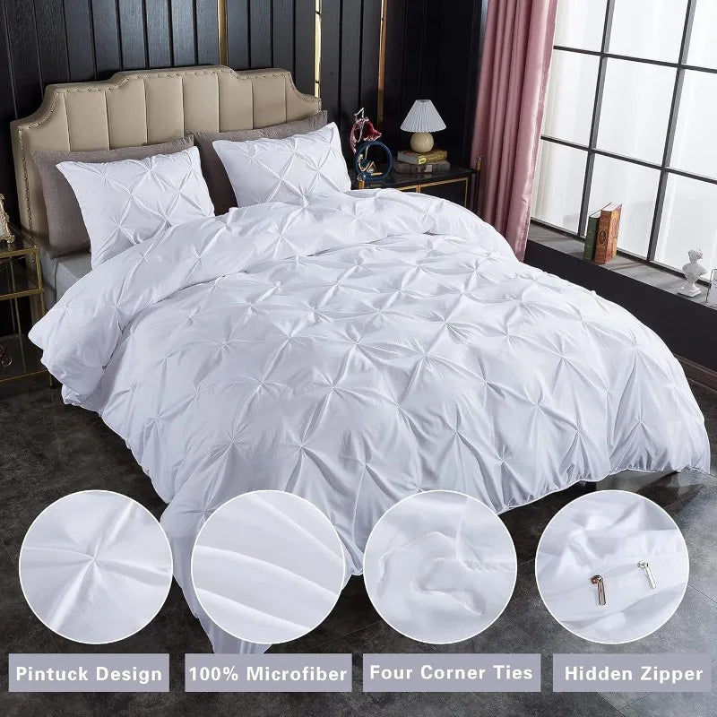 White King Pinch Pleat Cover, 3 Pieces Soft Cover Bedding Set with Zipper Closure & Corner Ties