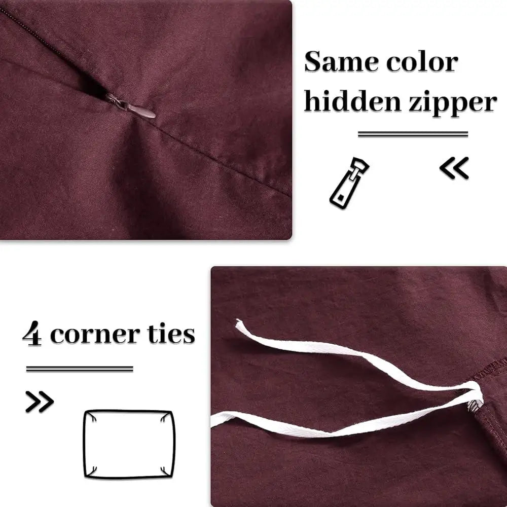 3pcs Queen Size Bedding Set Breathable Lightweight Solid Burgundy Comforter