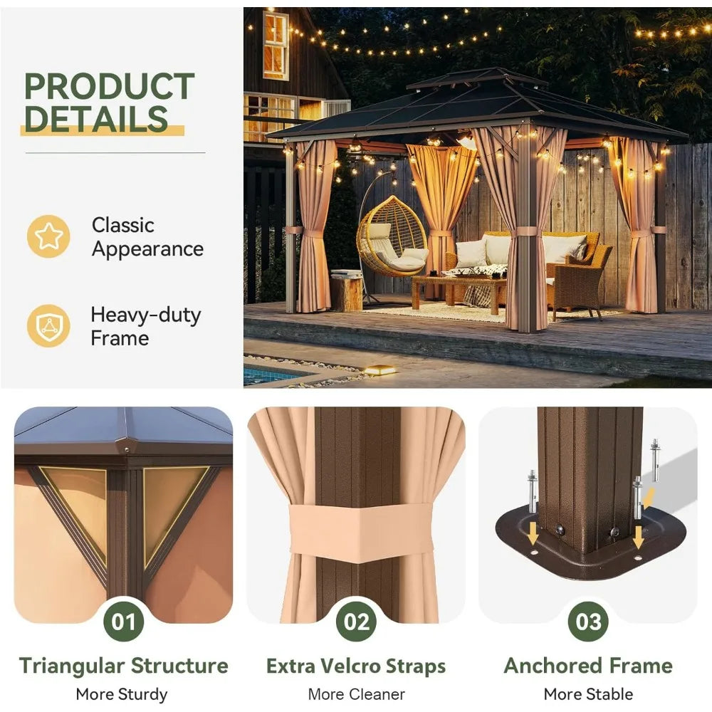 10'x12' Hardtop Aluminum Frame Permanent Pavilion with Curtains and Netting, Outdoor Gazebo