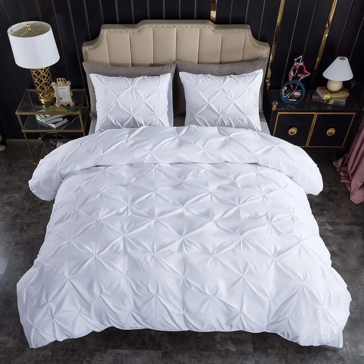 White King Pinch Pleat Cover, 3 Pieces Soft Cover Bedding Set with Zipper Closure & Corner Ties