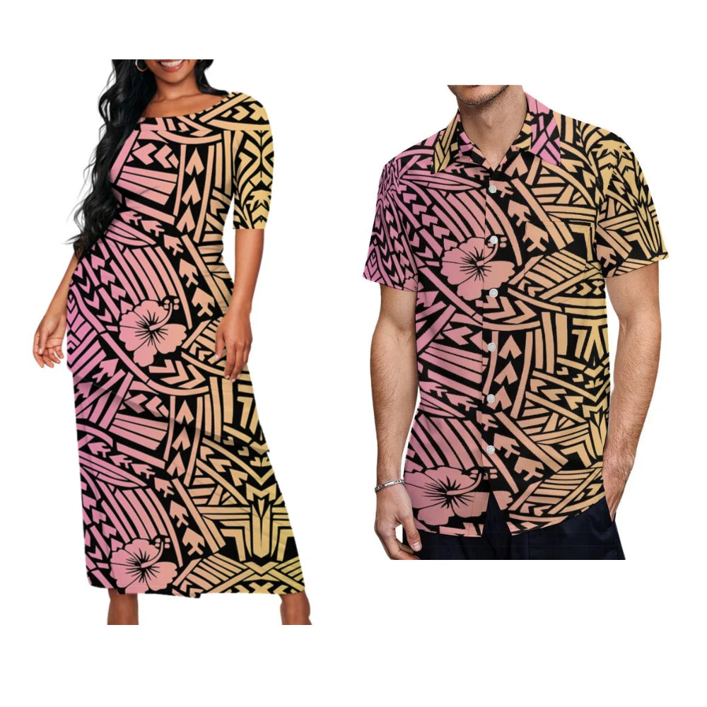 Ladies Puletasi Custom Matching Men's Shirt Samoa Vintage Maxi Dress Set