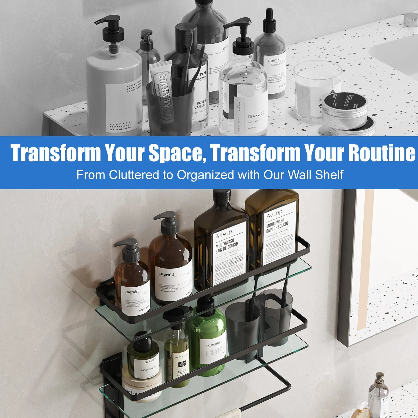 2- Tier Glass Bathroom Shelf with Towel Bar Rustproof Metal Wall Organizer