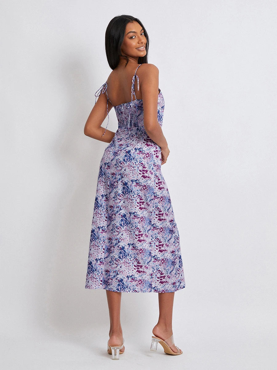 Women Floral Spaghetti Strap Summer Dress, Long Split Dress for Beach Or Streetwear