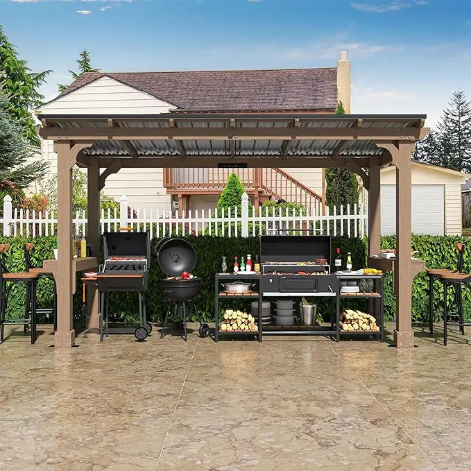 6'x13' BBQ Grill Shelter with Galvanized Steel Roof, Cedar Frame, Patio Backyard, Garden, Gazebos