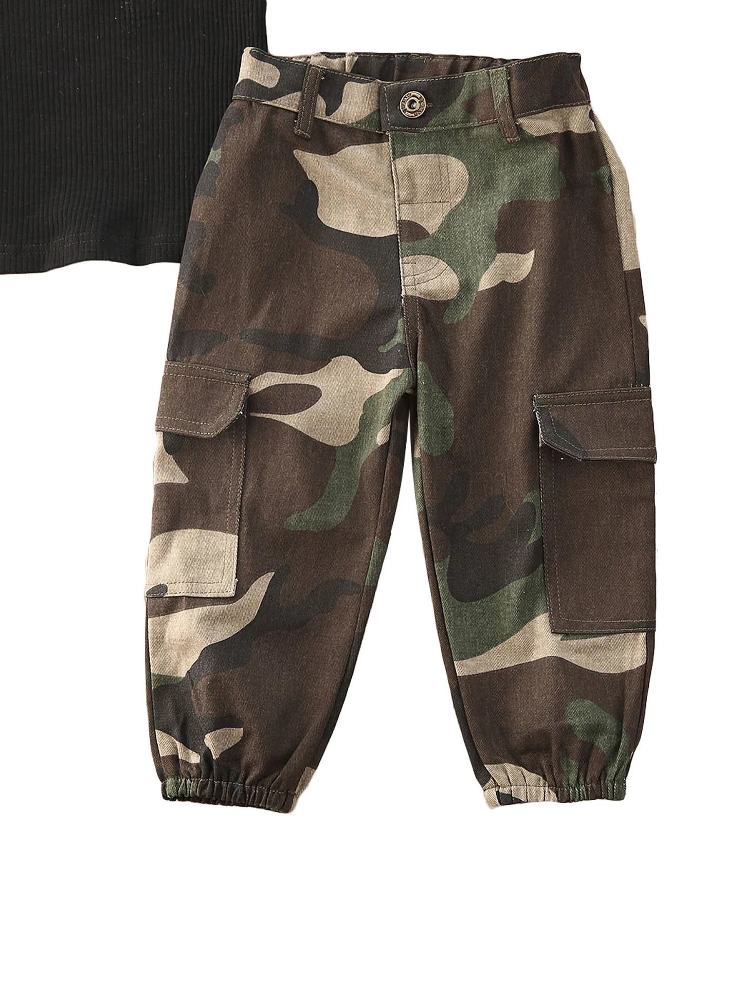 2Pcs Girl Outfit Set Boat-Neck Crop Top with Short Sleeves and Camouflage Pants for Summer Wear