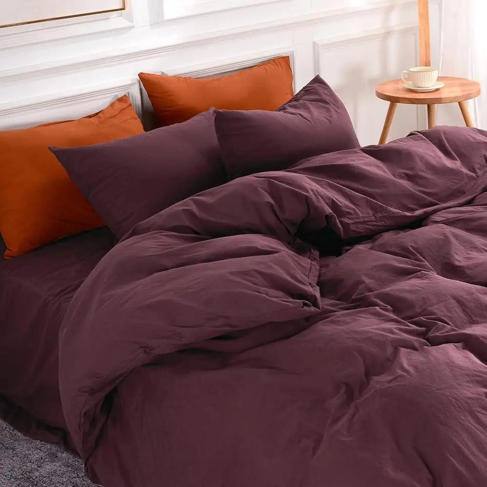 3pcs Queen Size Bedding Set Breathable Lightweight Solid Burgundy Comforter
