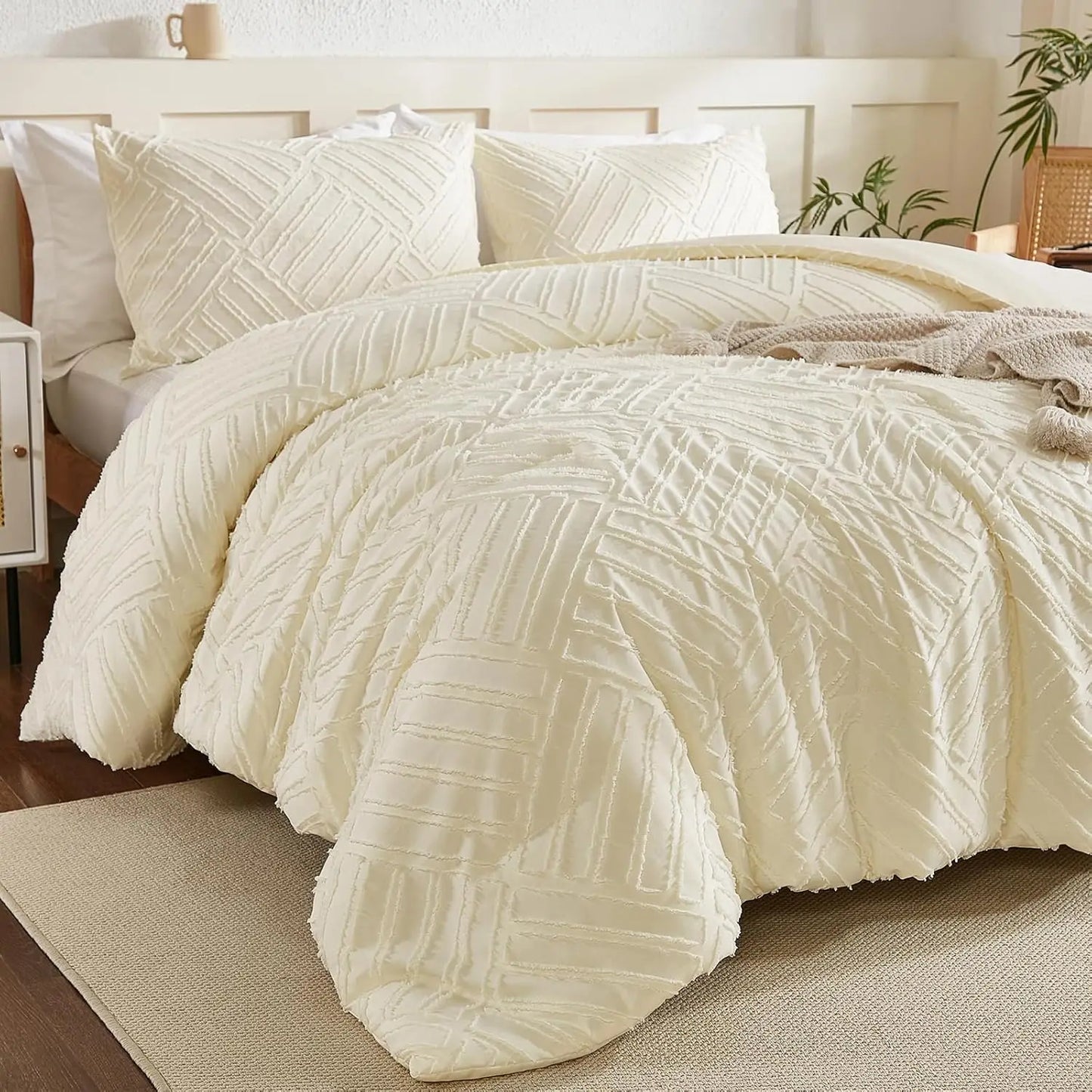 King Size, Cream 3 Piece Soft Farmhouse Comforter Set