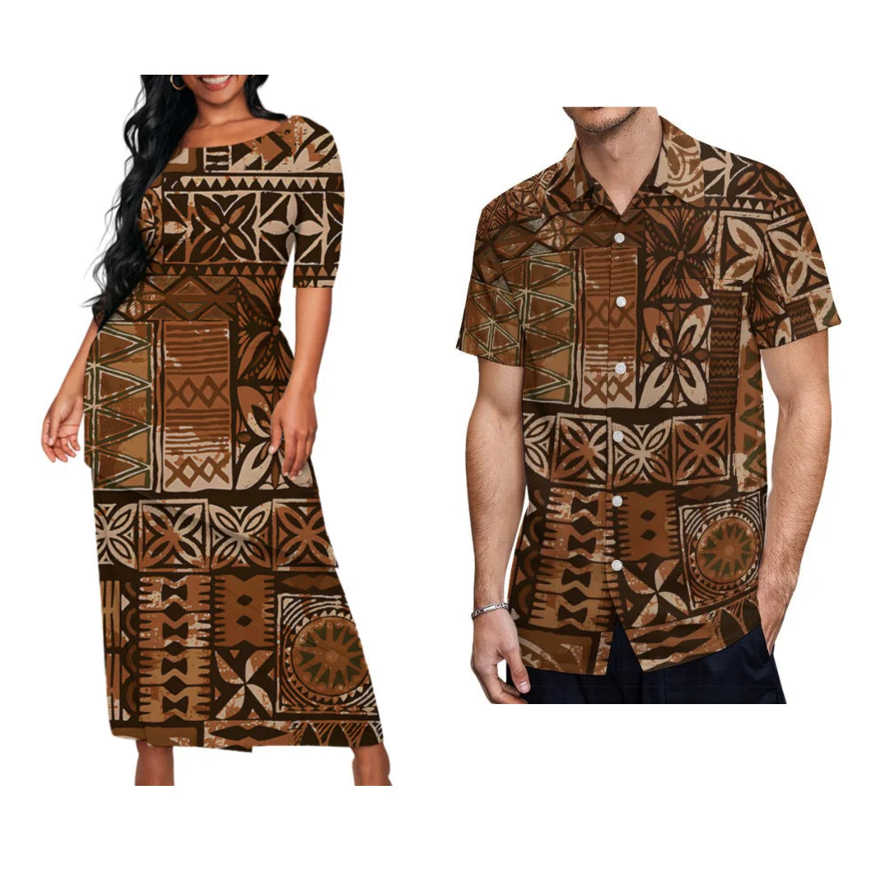 Ladies Puletasi Custom Matching Men's Shirt Samoa Vintage Maxi Dress Set