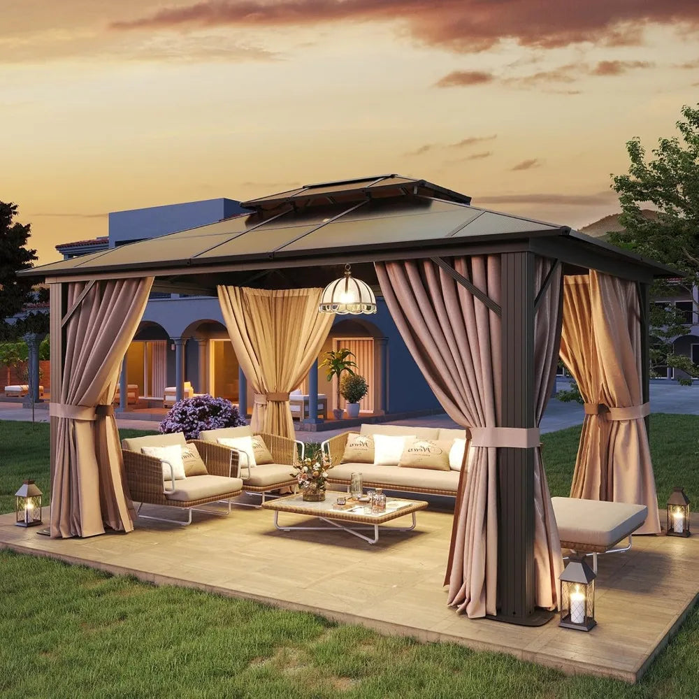 10'x12' Hardtop Aluminum Frame Permanent Pavilion with Curtains and Netting, Outdoor Gazebo