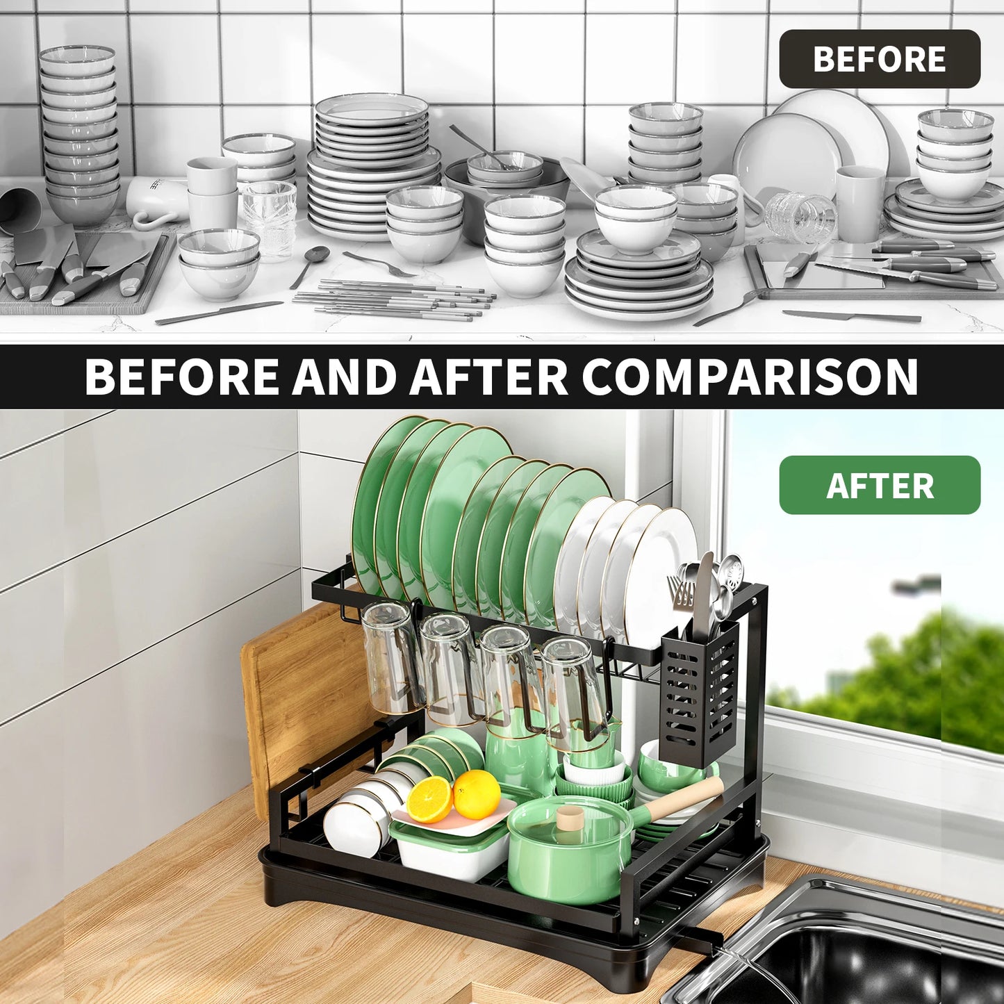 1pc,2 Tier, Dish Rack, Cutlery With Drain Tray And Drip Line, Countertop Storage Rack, Kitchen Accessories