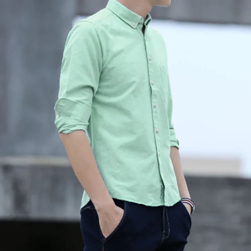 Men's solid color long-sleeve plain shirt single pocket top soft slim fit formal clothes