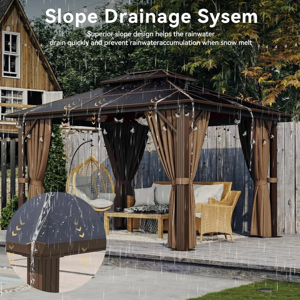 10'x12' Hardtop Aluminum Frame Permanent Pavilion with Curtains and Netting, Outdoor Gazebo