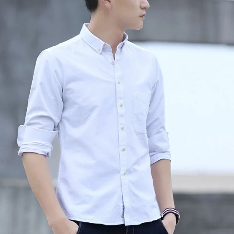 Men's solid color long-sleeve plain shirt single pocket top soft slim fit formal clothes