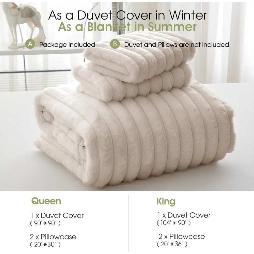 3PCS Queen Size Velvet Flannel Beige Striped Reversible Comforter Set