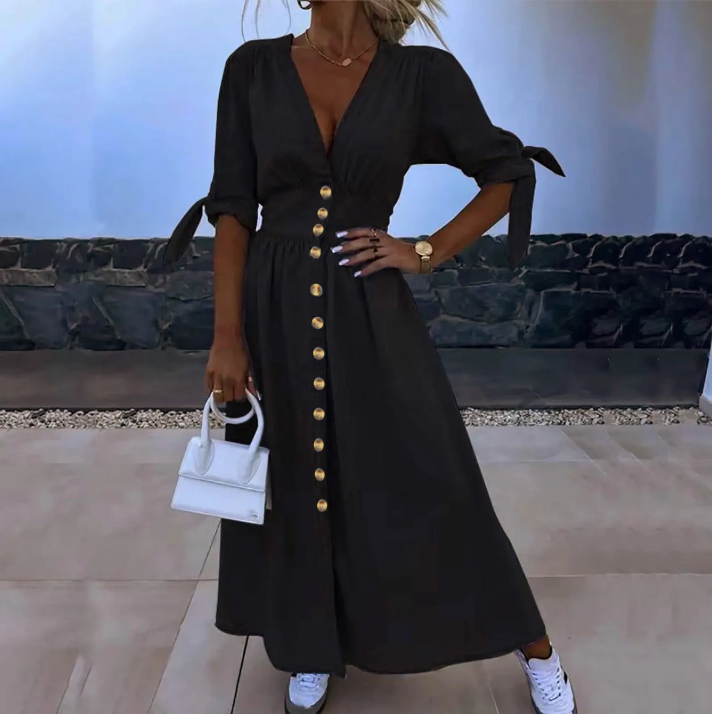 Women's Yellow V-neck Short sleeve Casual Dresses