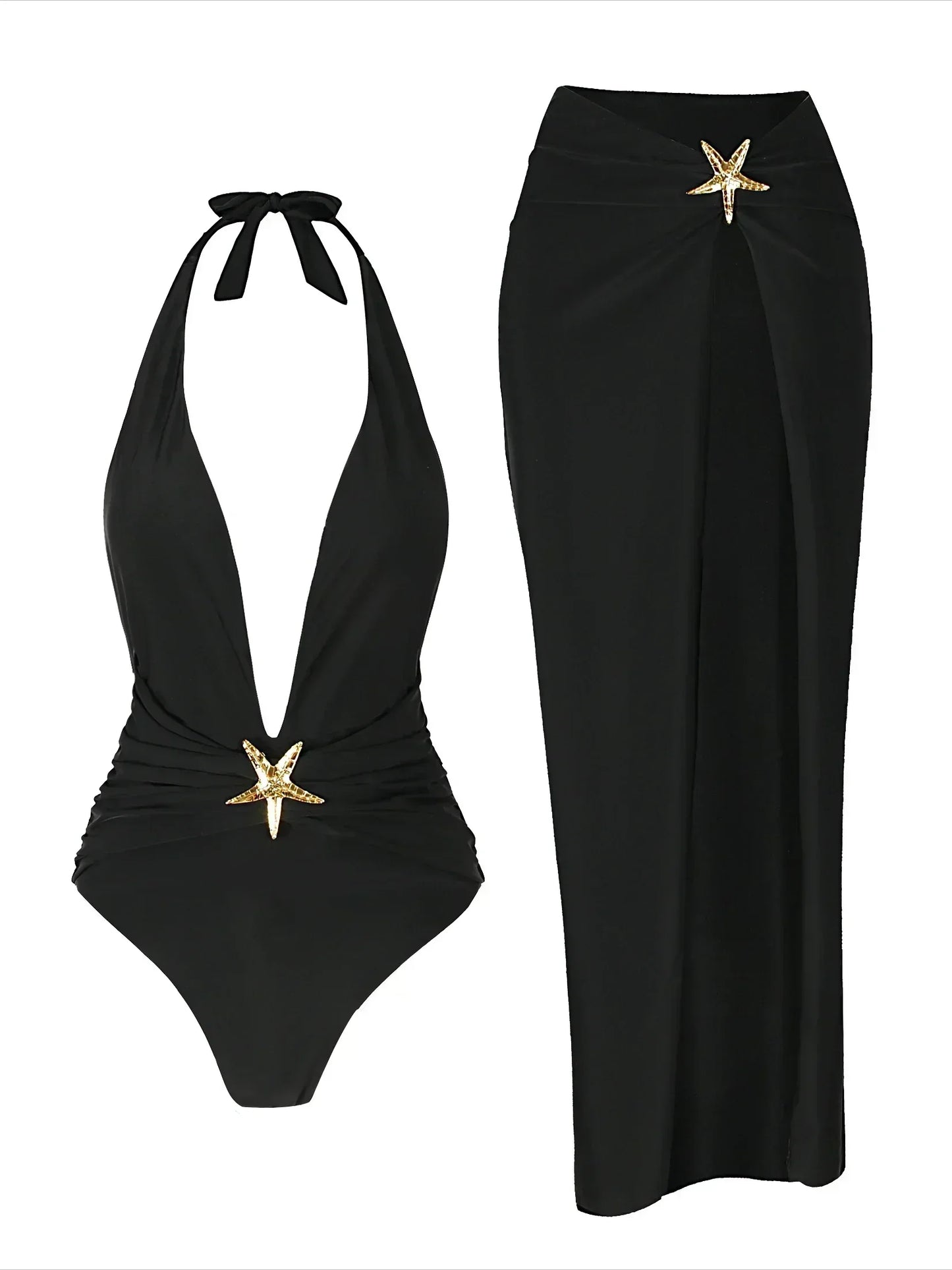Women One Piece Bathing Suits with High Split Skirt Cover ups Halter Bikini Sets