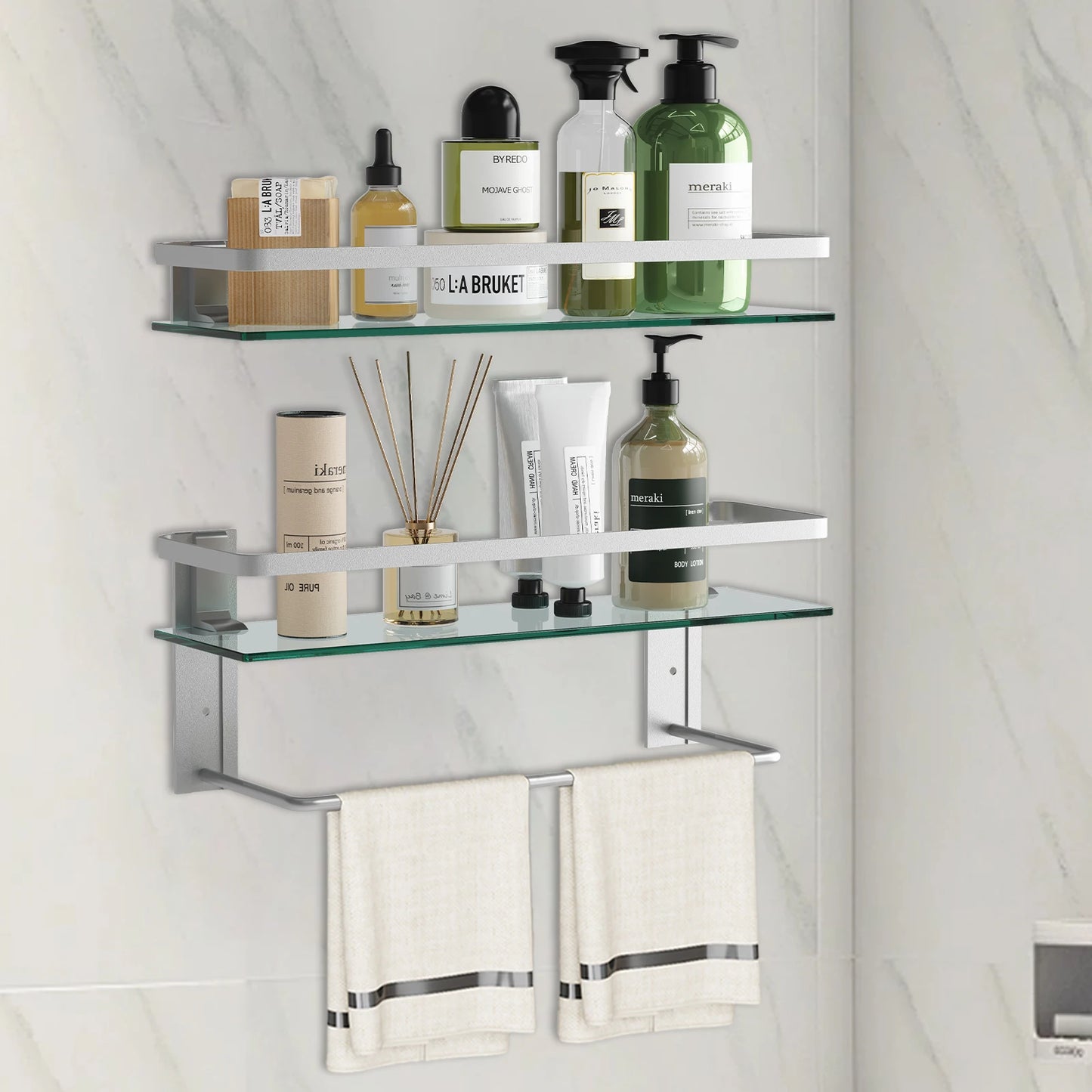 2- Tier Glass Bathroom Shelf with Towel Bar Rustproof Metal Wall Organizer