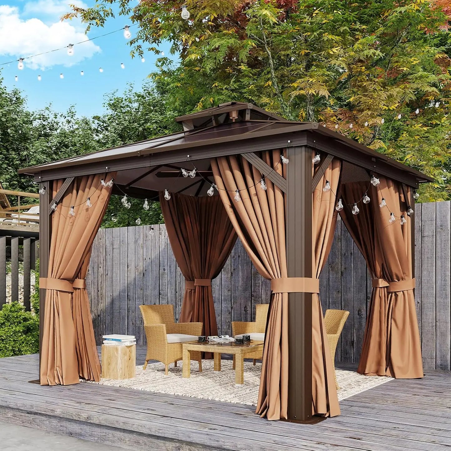 10'x12' Hardtop Aluminum Frame Permanent Pavilion with Curtains and Netting, Outdoor Gazebo
