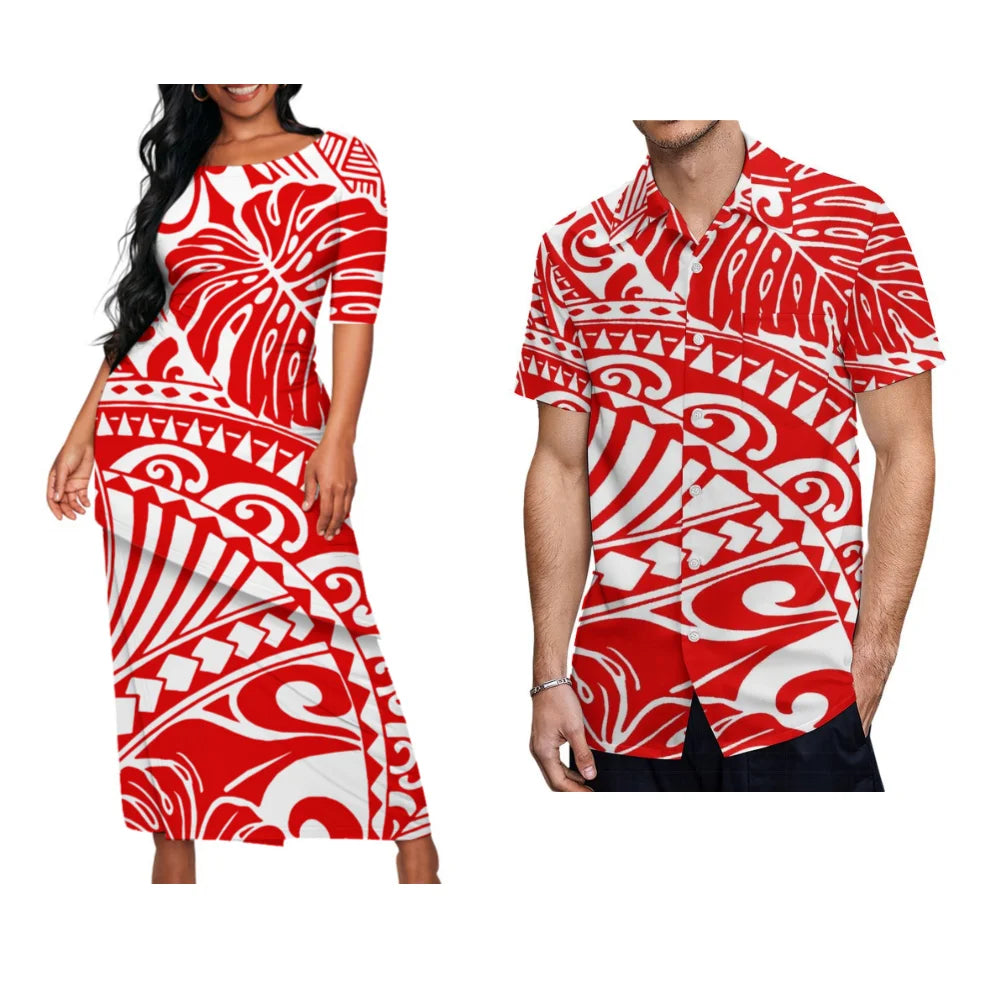 Ladies Puletasi Custom Matching Men's Shirt Samoa Vintage Maxi Dress Set