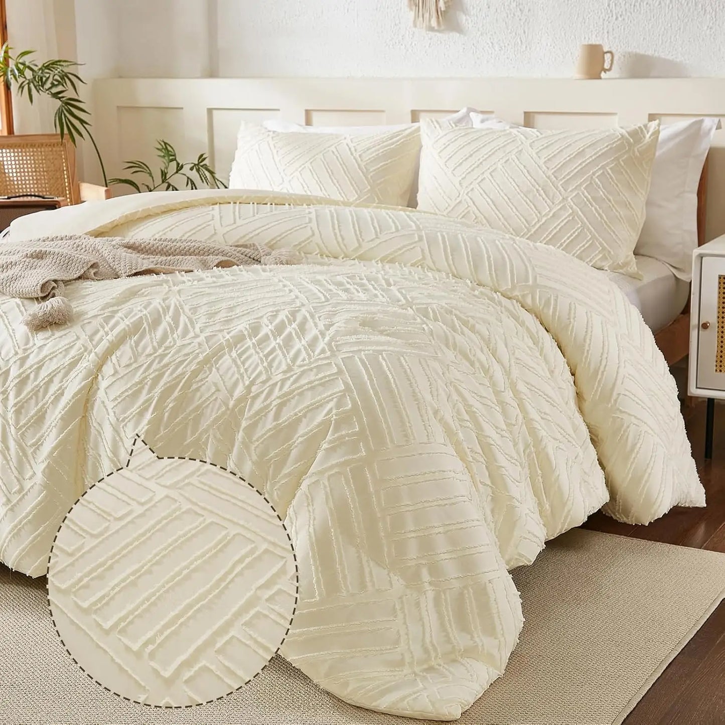 King Size, Cream 3 Piece Soft Farmhouse Comforter Set