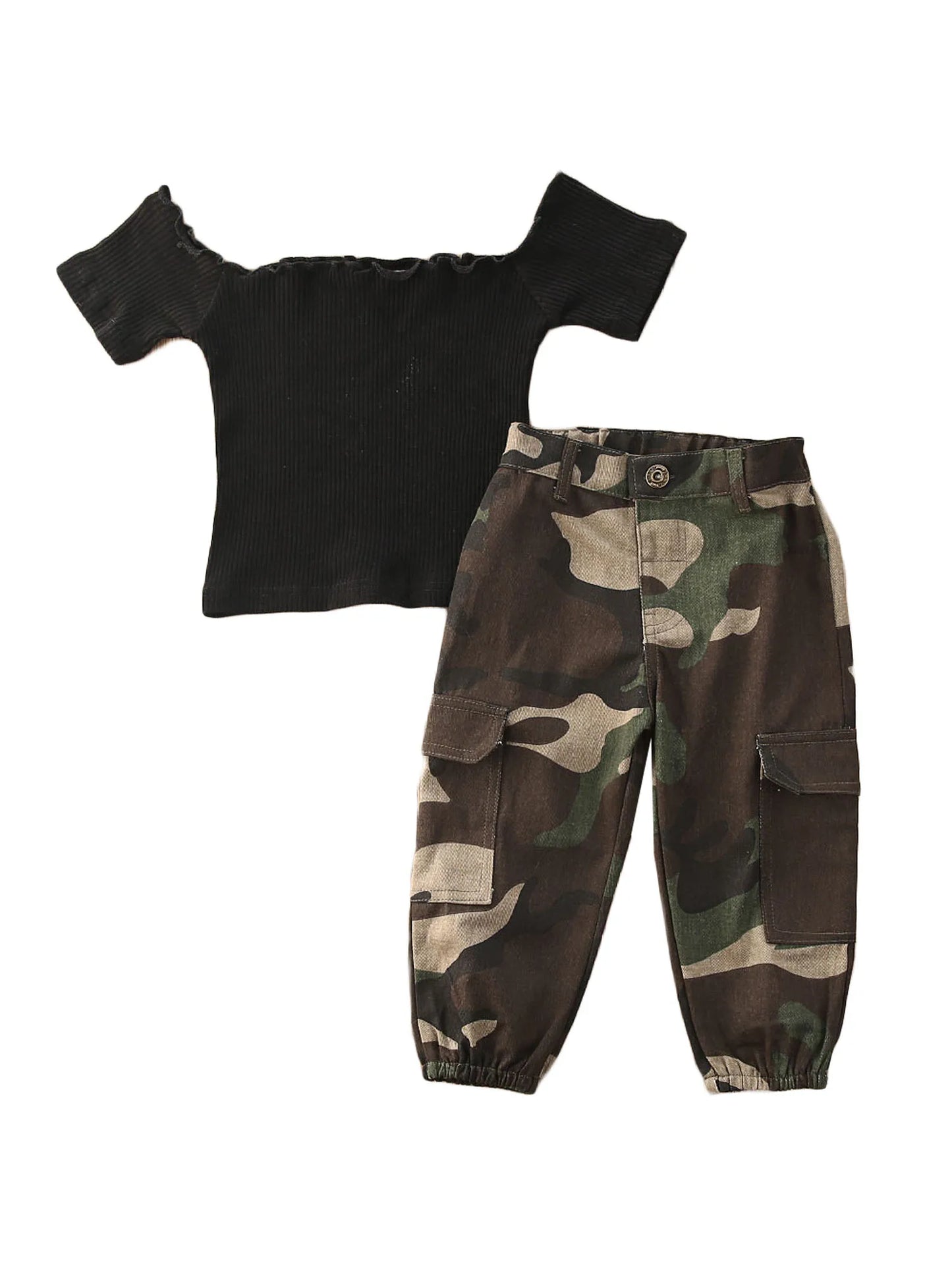 2Pcs Girl Outfit Set Boat-Neck Crop Top with Short Sleeves and Camouflage Pants for Summer Wear
