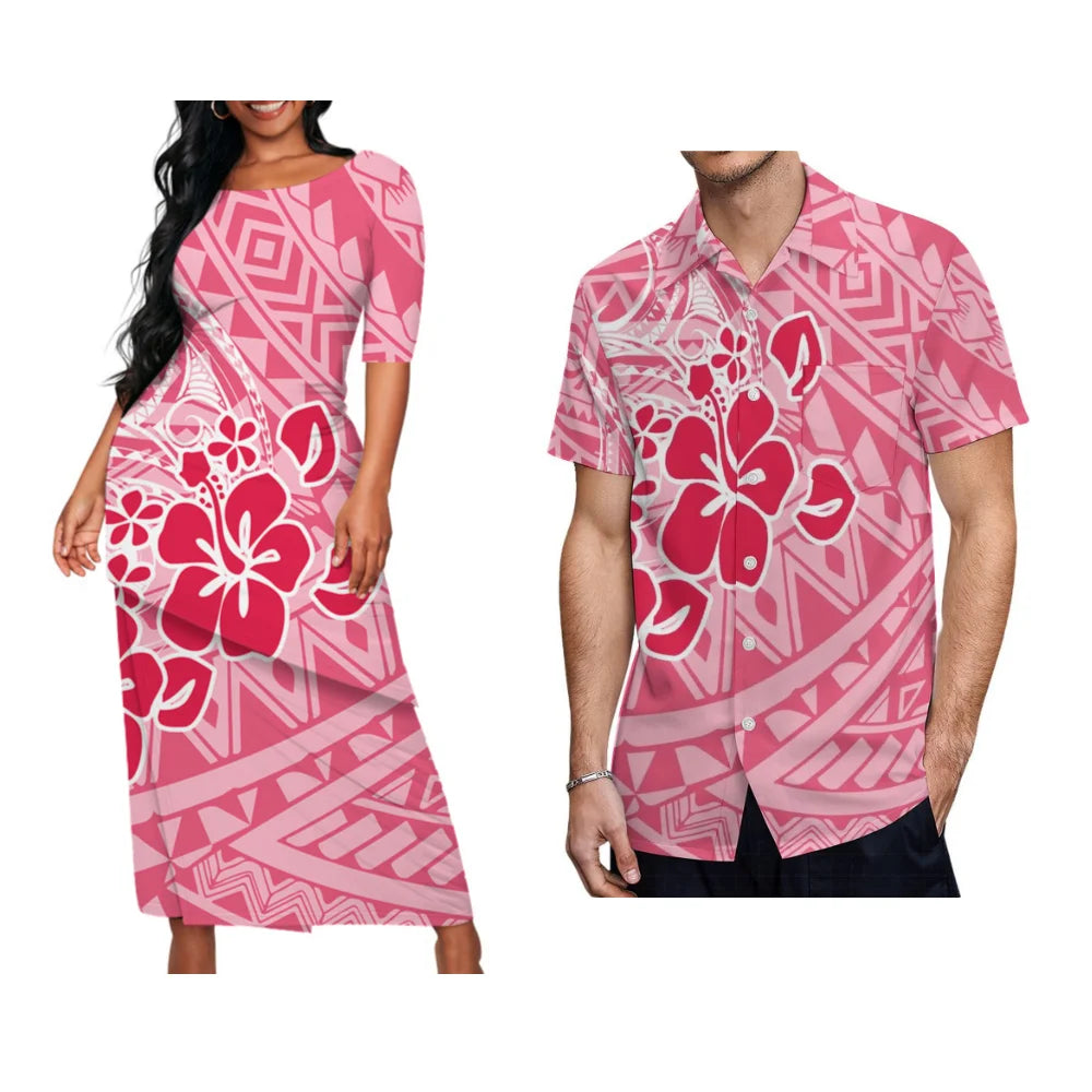 Couple Matching Suit women Long Dress and Men's Hawaiian Shirt