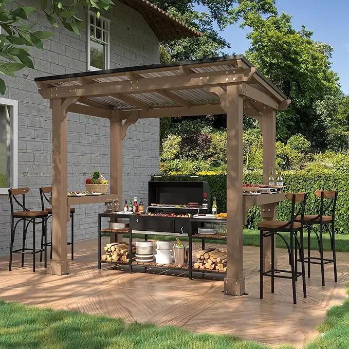 6'x13' BBQ Grill Shelter with Galvanized Steel Roof, Cedar Frame, Patio Backyard, Garden, Gazebos