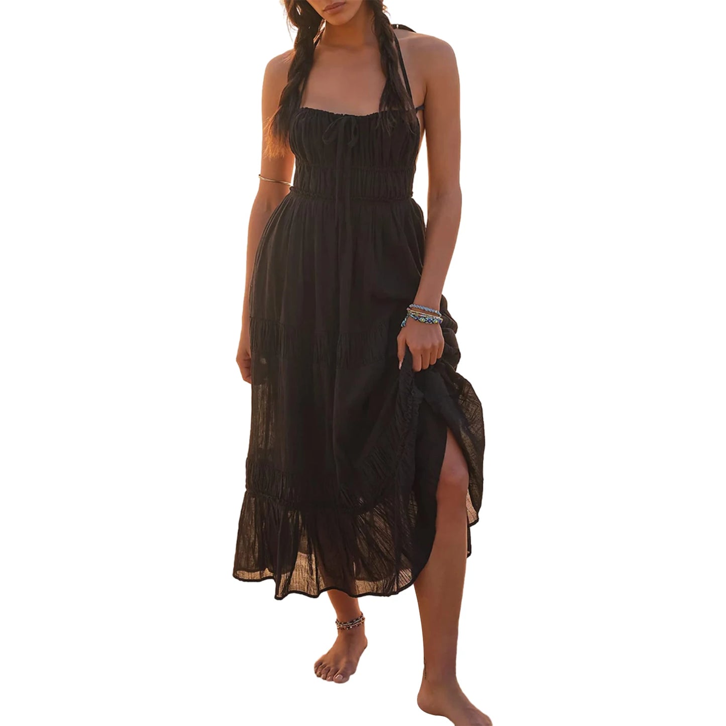 Floral Print Maxi Dress with V-Neckline and Ruffled Hem Perfect for Summer Parties and Beach