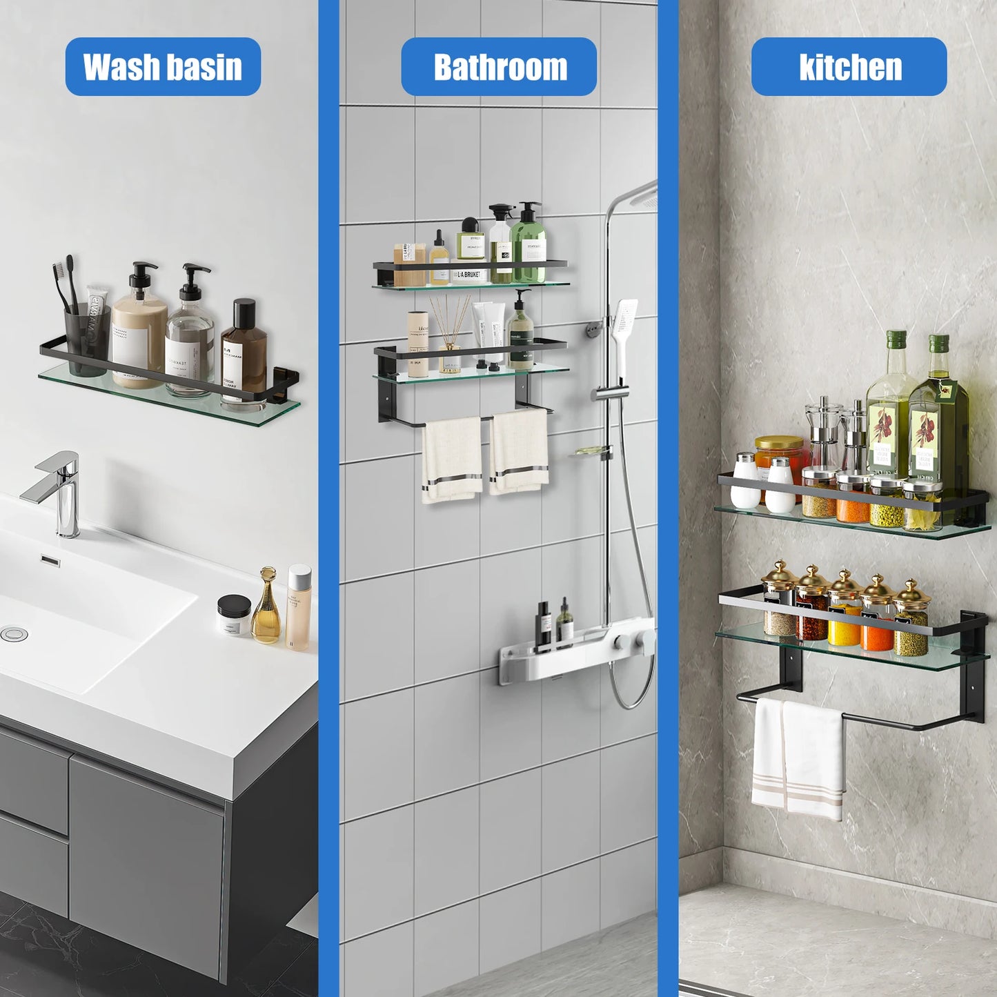 2- Tier Glass Bathroom Shelf with Towel Bar Rustproof Metal Wall Organizer